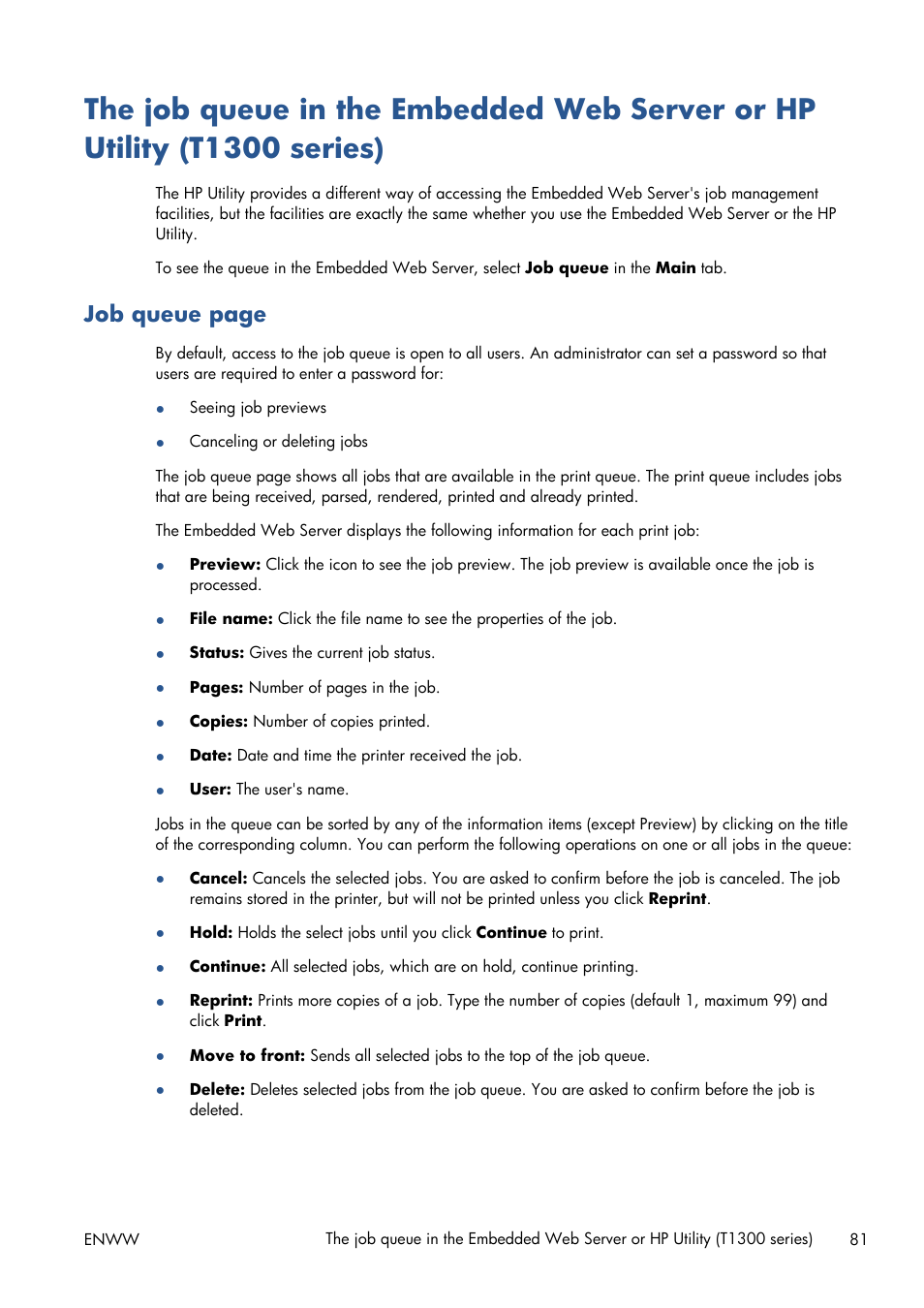 Job queue page | HP Designjet T1300 ePrinter User Manual | Page 89 / 224