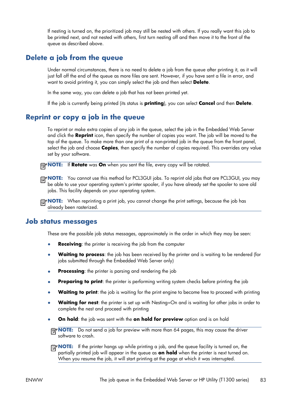 Delete a job from the queue, Reprint or copy a job in the queue, Job status messages | HP Designjet T1300 ePrinter User Manual | Page 91 / 224