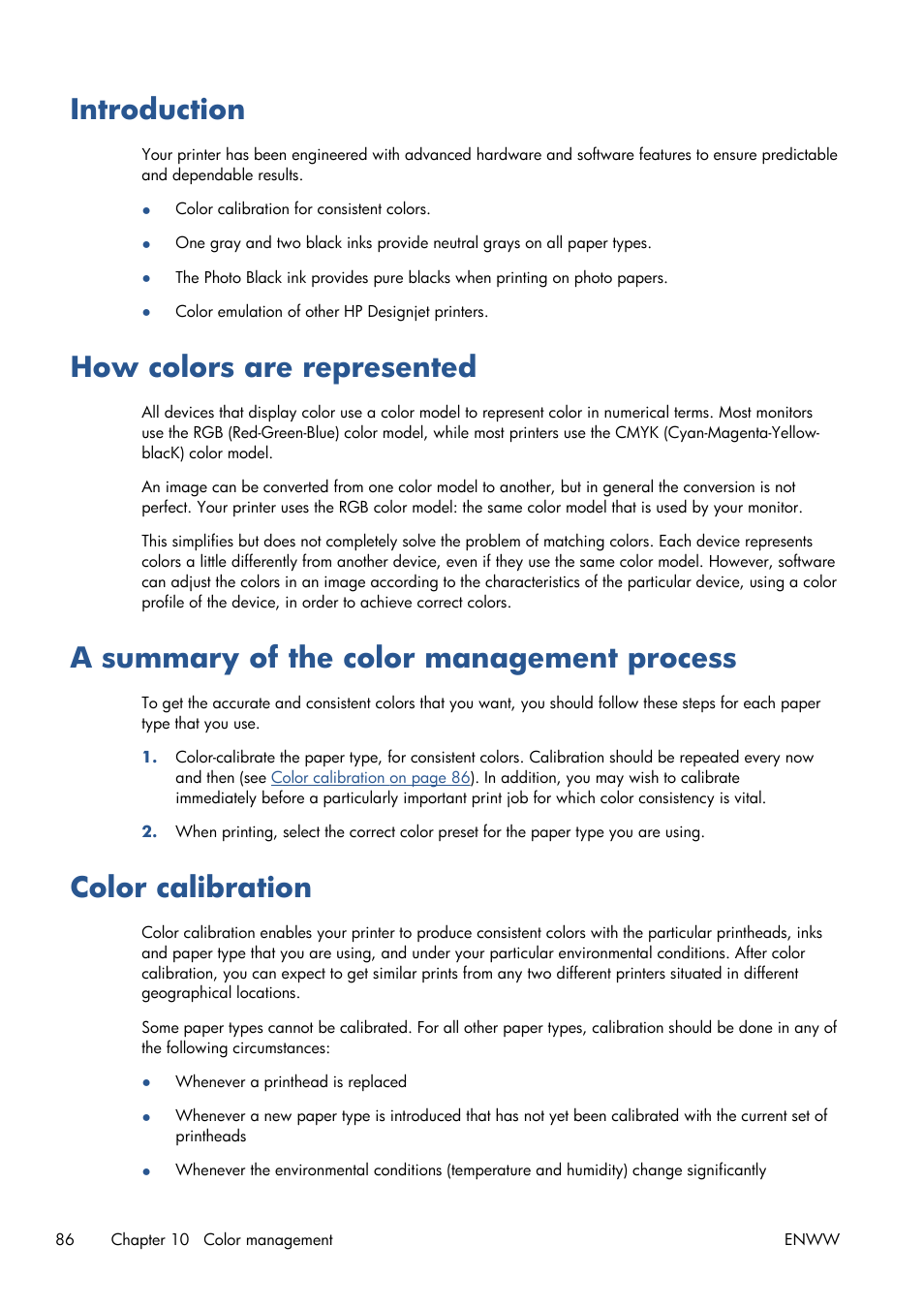 Introduction, How colors are represented, A summary of the color management process | Color calibration | HP Designjet T1300 ePrinter User Manual | Page 94 / 224