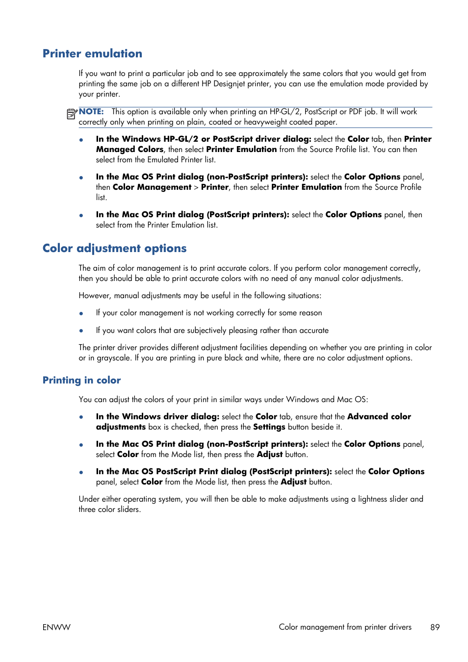 Printer emulation, Color adjustment options, Printing in color | HP Designjet T1300 ePrinter User Manual | Page 97 / 224