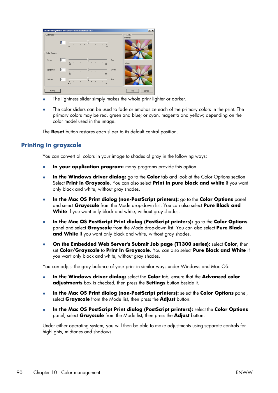 Printing in grayscale | HP Designjet T1300 ePrinter User Manual | Page 98 / 224