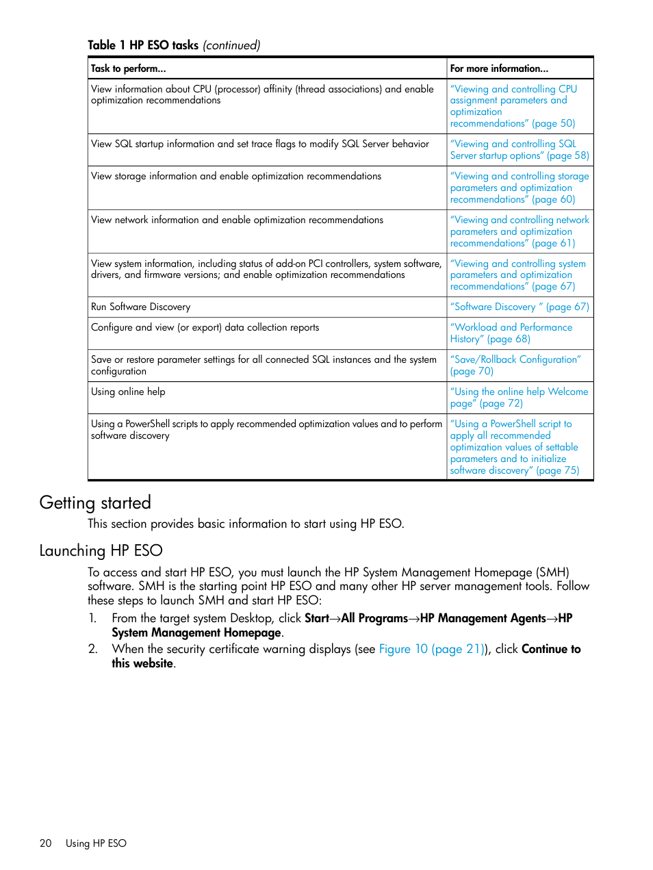 Getting started, Launching hp eso | HP ProLiant DL980 G7 Server User Manual | Page 20 / 82