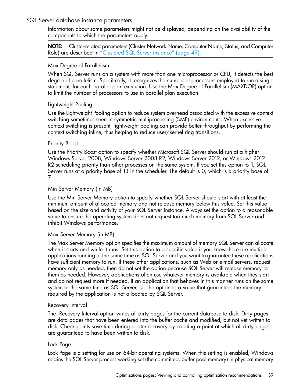 Sql server database instance parameters, Max degree of parallelism, Lightweight pooling | Priority boost, Min server memory (in mb), Max server memory (in mb), Recovery interval | HP ProLiant DL980 G7 Server User Manual | Page 39 / 82
