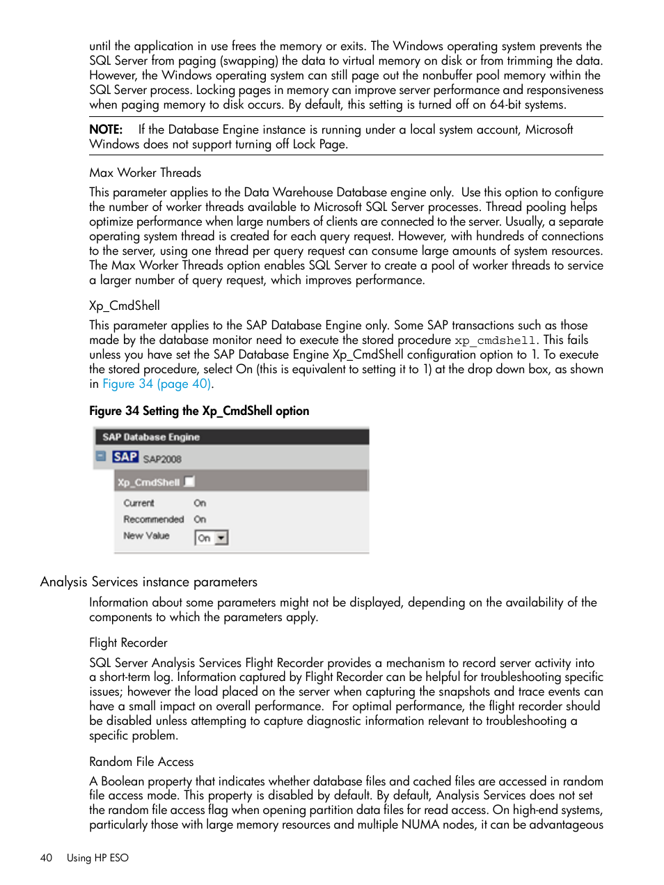 Max worker threads, Xp_cmdshell, Analysis services instance parameters | Flight recorder, Random file access, Max worker threads xp_cmdshell | HP ProLiant DL980 G7 Server User Manual | Page 40 / 82