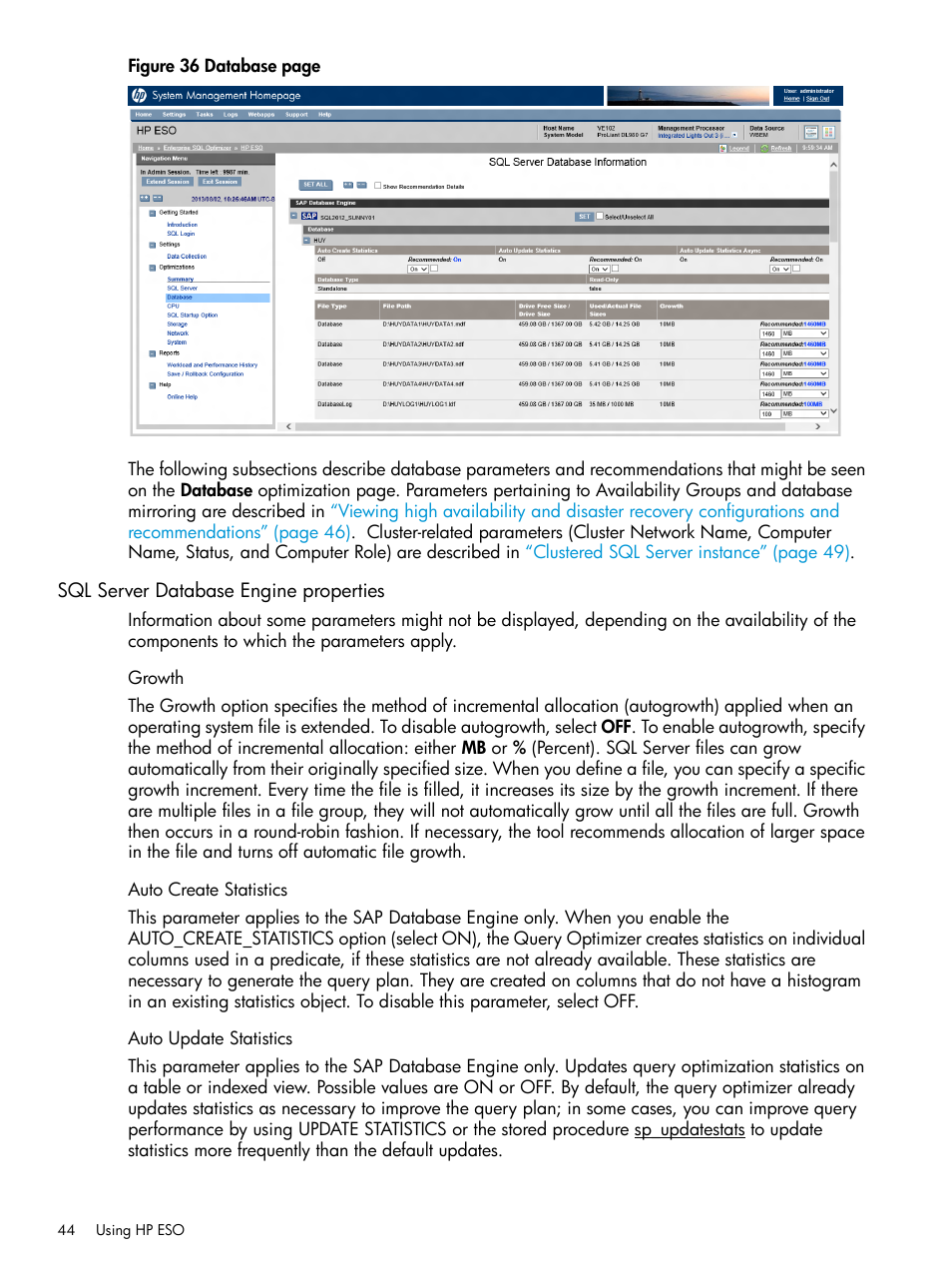 Sql server database engine properties, Growth, Auto create statistics | Auto update statistics | HP ProLiant DL980 G7 Server User Manual | Page 44 / 82