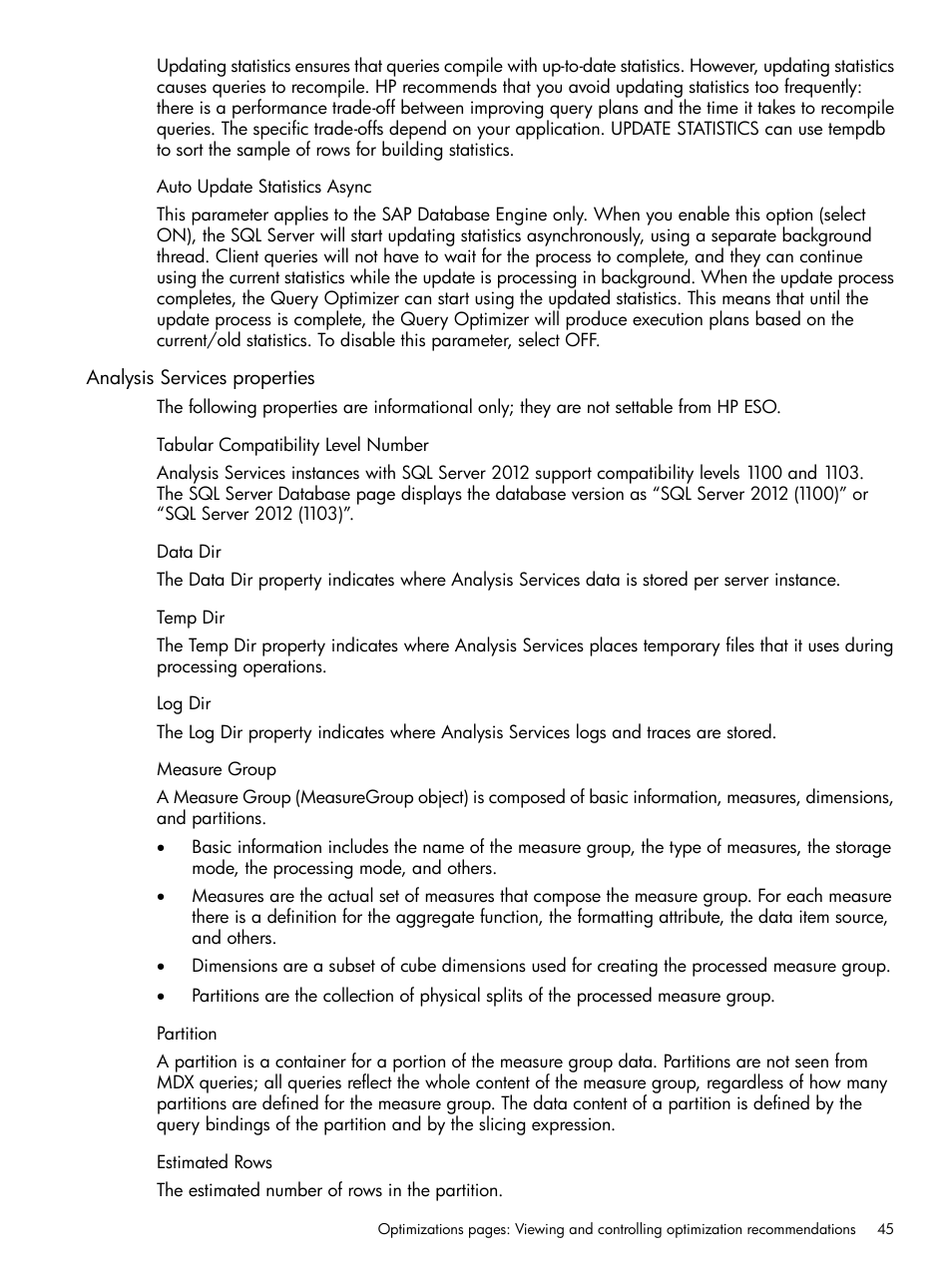 Auto update statistics async, Analysis services properties, Tabular compatibility level number | Data dir, Temp dir, Log dir, Measure group, Partition, Estimated rows | HP ProLiant DL980 G7 Server User Manual | Page 45 / 82