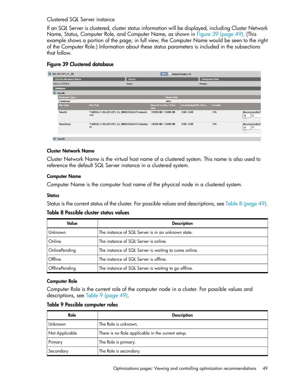 Clustered sql server instance, Cluster network name, Computer name | Status, Computer role | HP ProLiant DL980 G7 Server User Manual | Page 49 / 82