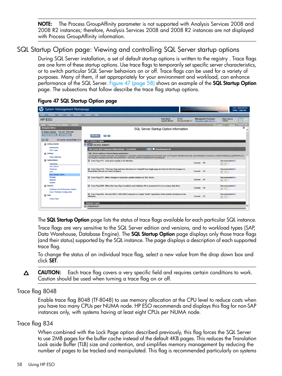 Trace flag 8048, Trace flag 834, Trace flag 8048 trace flag 834 | Viewing and controlling sql | HP ProLiant DL980 G7 Server User Manual | Page 58 / 82