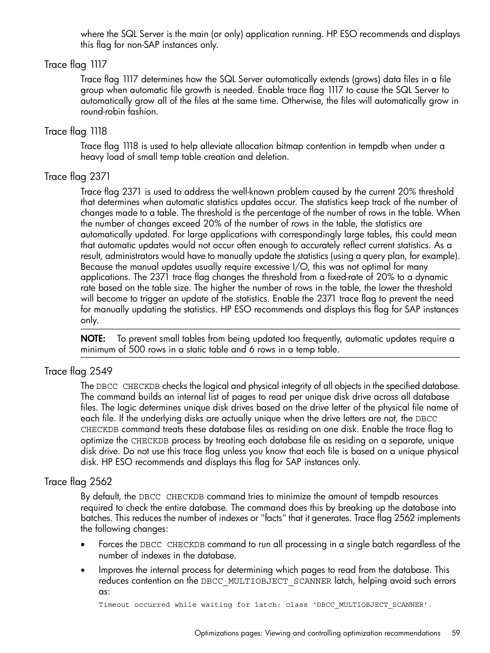 Trace flag 1117, Trace flag 1118, Trace flag 2371 | Trace flag 2549, Trace flag 2562 | HP ProLiant DL980 G7 Server User Manual | Page 59 / 82