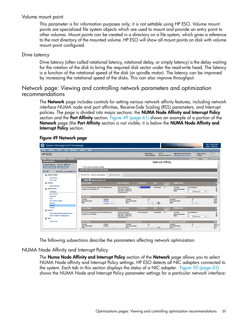 Volume mount point, Drive latency, Numa node affinity and interrupt policy | Volume mount point drive latency | HP ProLiant DL980 G7 Server User Manual | Page 61 / 82