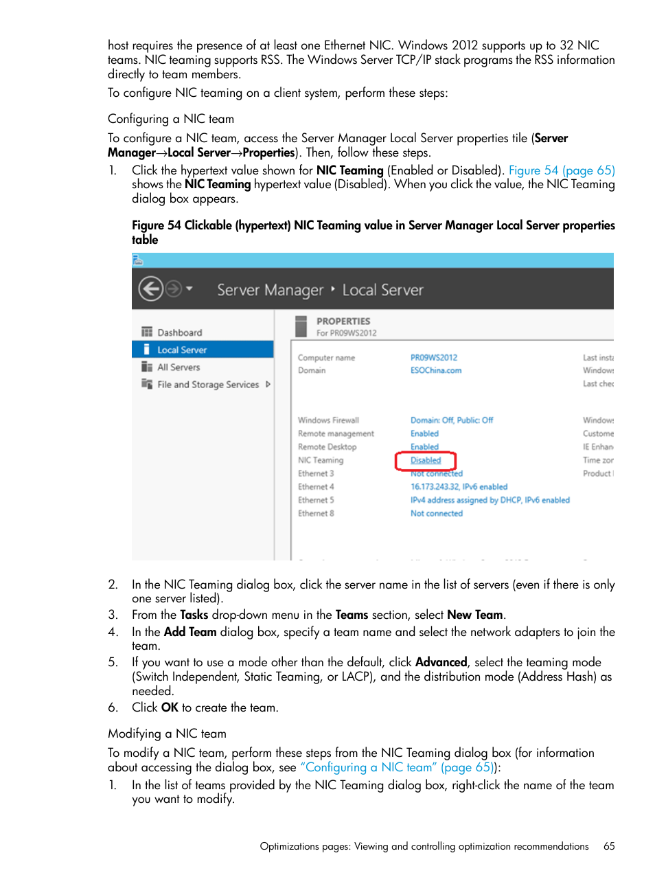 Configuring a nic team, Modifying a nic team, Configuring a nic team modifying a nic team | HP ProLiant DL980 G7 Server User Manual | Page 65 / 82