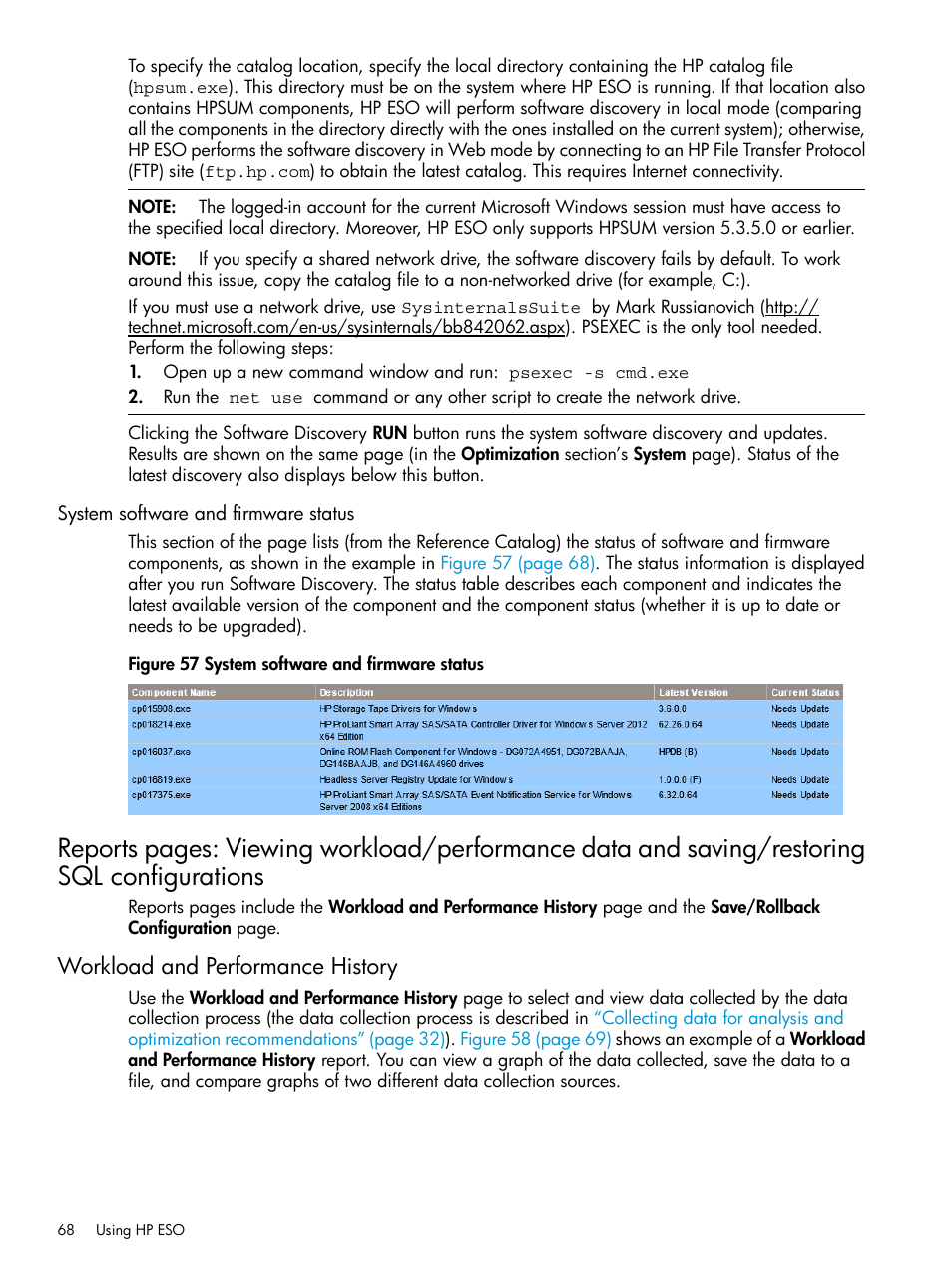 System software and firmware status, Workload and performance history | HP ProLiant DL980 G7 Server User Manual | Page 68 / 82