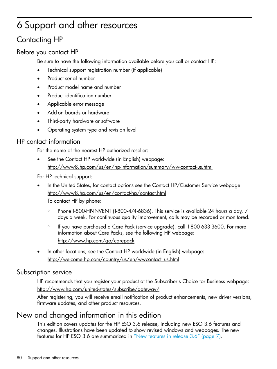 6 support and other resources, Contacting hp, Before you contact hp | Hp contact information, Subscription service, New and changed information in this edition | HP ProLiant DL980 G7 Server User Manual | Page 80 / 82