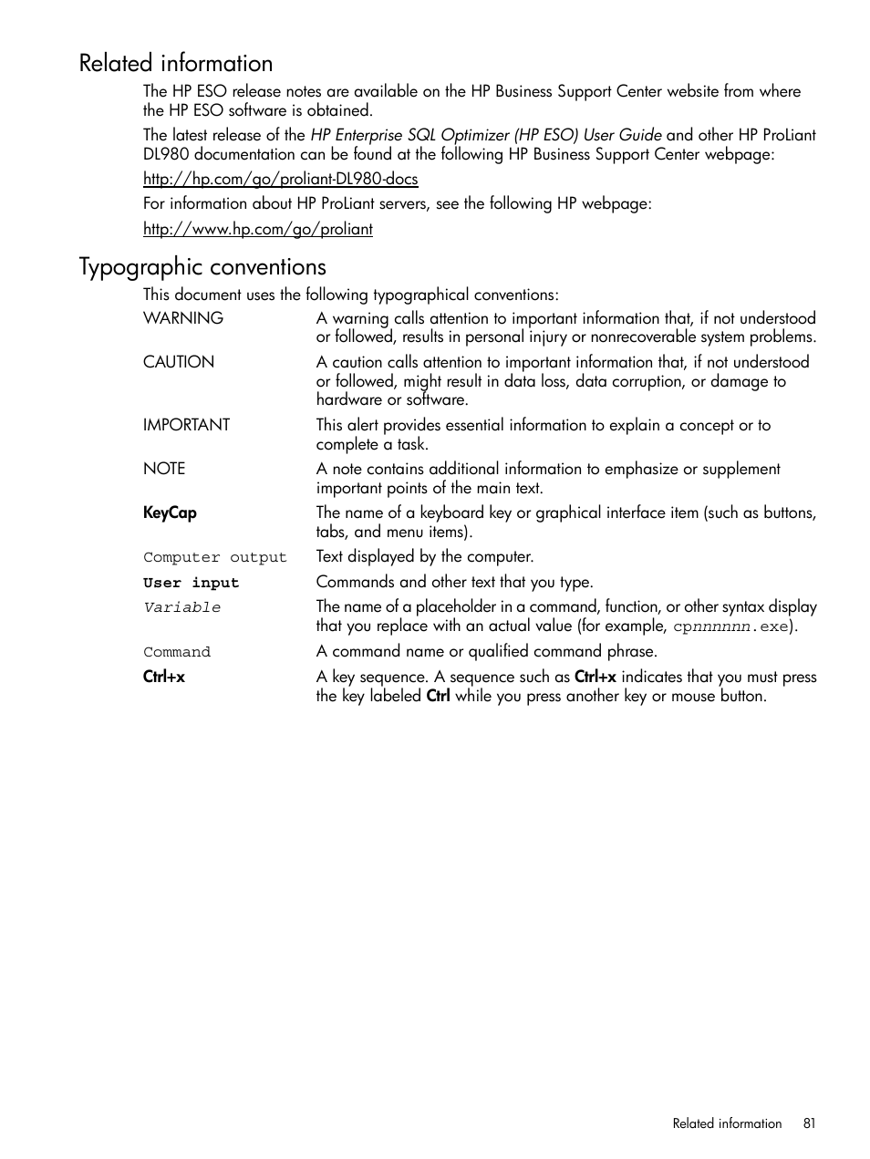 Related information, Typographic conventions, Related information typographic conventions | HP ProLiant DL980 G7 Server User Manual | Page 81 / 82