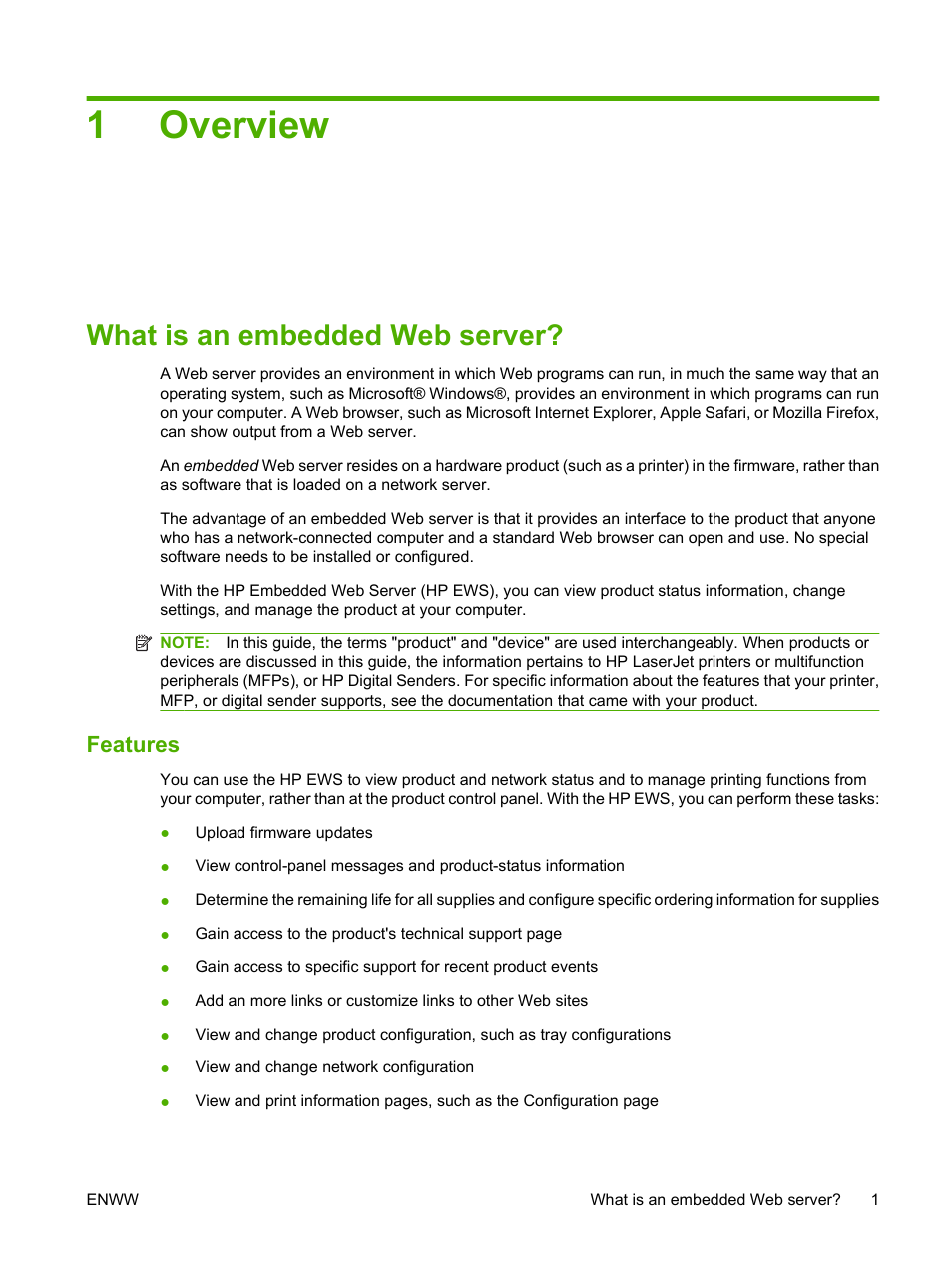 Overview, What is an embedded web server, Features | 1 overview, 1overview | HP Laserjet p3010 User Manual | Page 11 / 74
