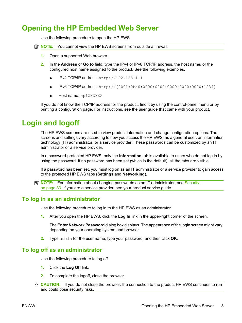 Opening the hp embedded web server, Login and logoff, To log in as an administrator | To log off as an administrator | HP Laserjet p3010 User Manual | Page 13 / 74