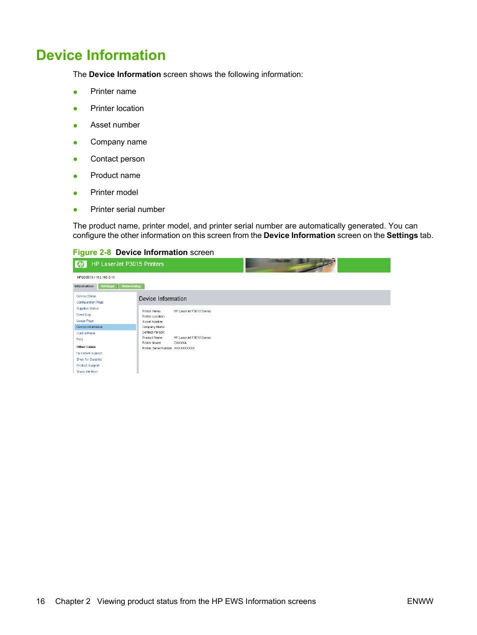 Device information, Figure 2-8 device information screen | HP Laserjet p3010 User Manual | Page 26 / 74