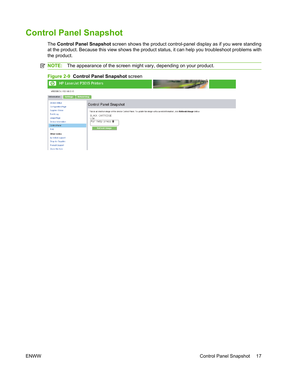 Control panel snapshot, Figure 2-9 control panel snapshot screen | HP Laserjet p3010 User Manual | Page 27 / 74