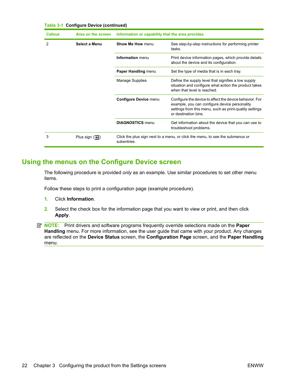 Using the menus on the configure device screen | HP Laserjet p3010 User Manual | Page 32 / 74
