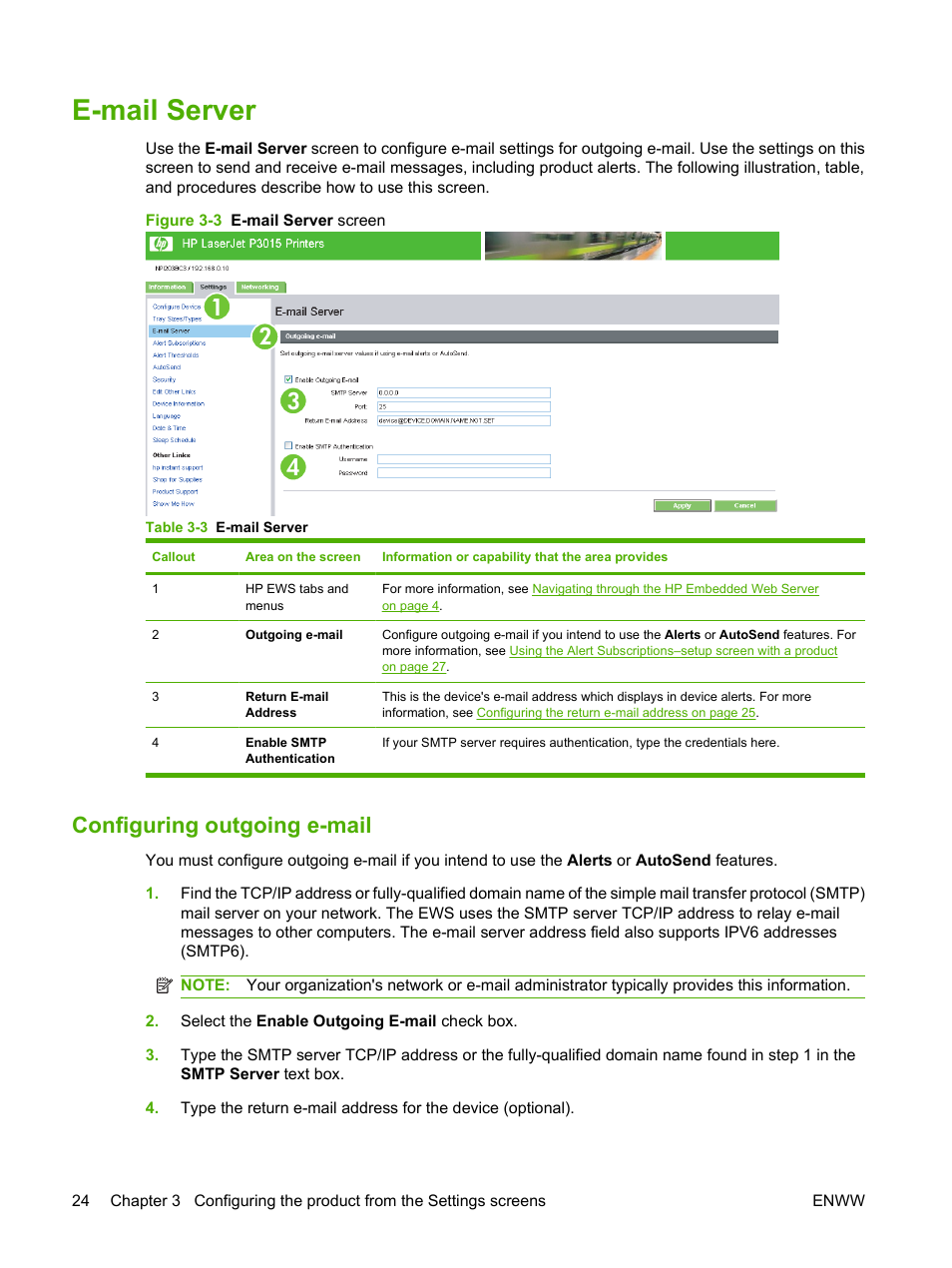E-mail server, Configuring outgoing e-mail, Table 3-3 e-mail server | Figure 3-3 e-mail server screen | HP Laserjet p3010 User Manual | Page 34 / 74