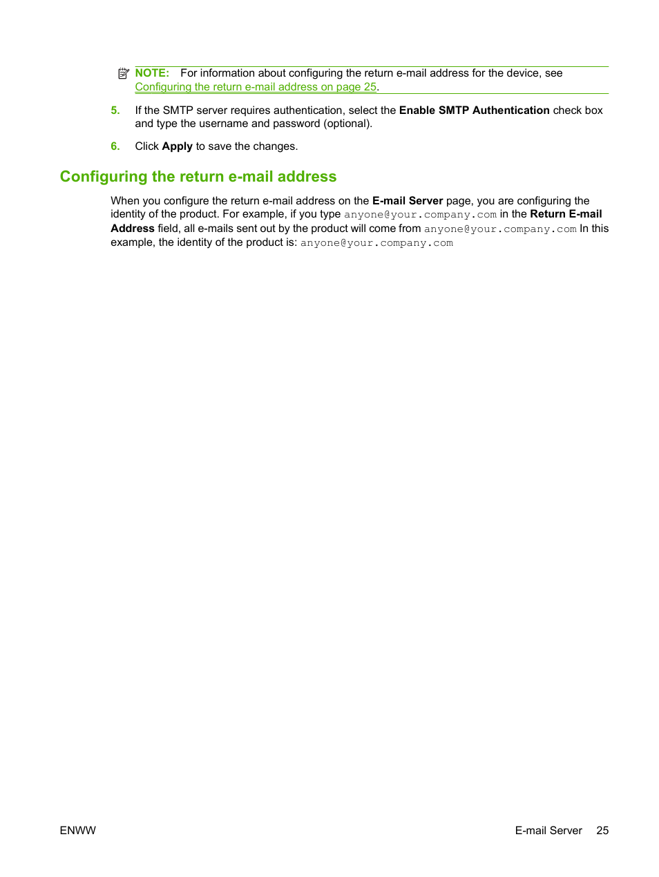 Configuring the return e-mail address | HP Laserjet p3010 User Manual | Page 35 / 74