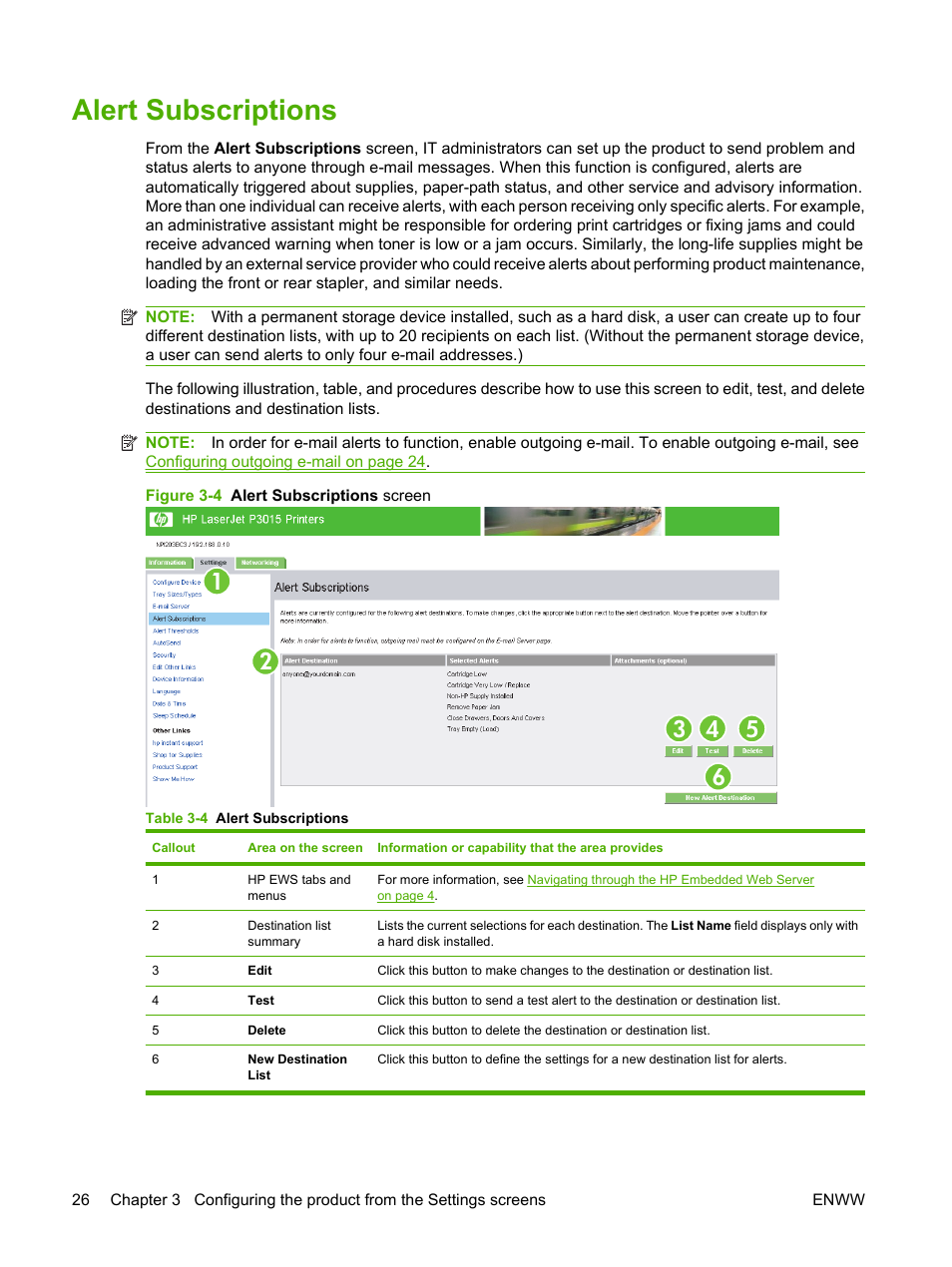 Alert subscriptions, Table 3-4 alert subscriptions, Figure 3-4 alert subscriptions screen | HP Laserjet p3010 User Manual | Page 36 / 74
