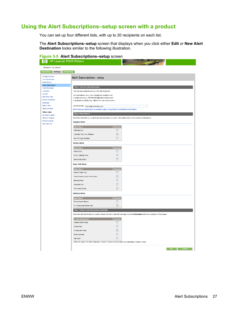 Figure 3-5 alert subscriptions–setup screen | HP Laserjet p3010 User Manual | Page 37 / 74