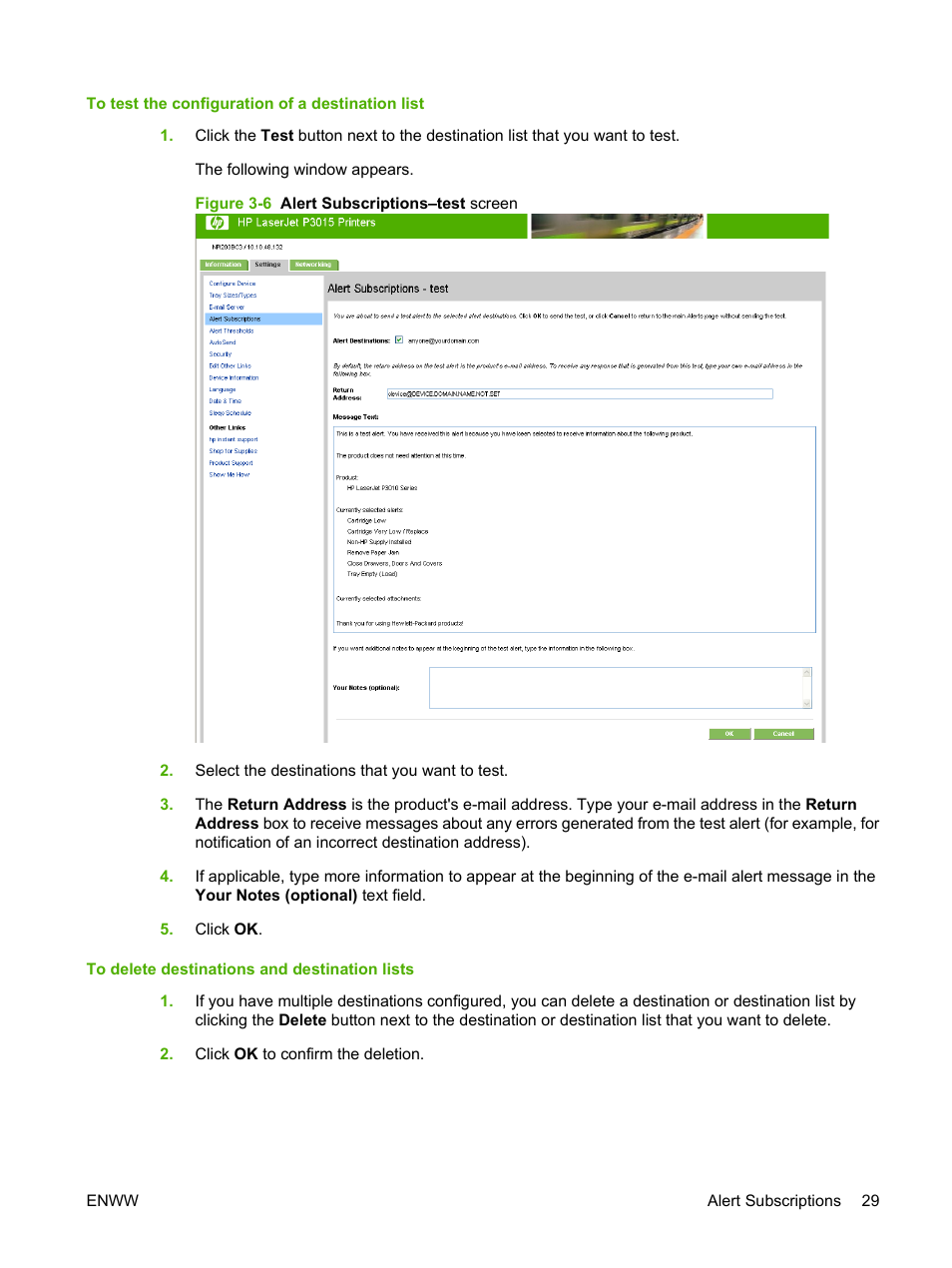 Figure 3-6 alert subscriptions–test screen | HP Laserjet p3010 User Manual | Page 39 / 74