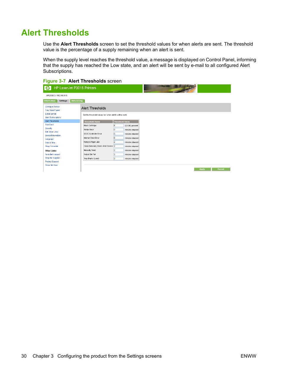 Alert thresholds, Figure 3-7 alert thresholds screen | HP Laserjet p3010 User Manual | Page 40 / 74