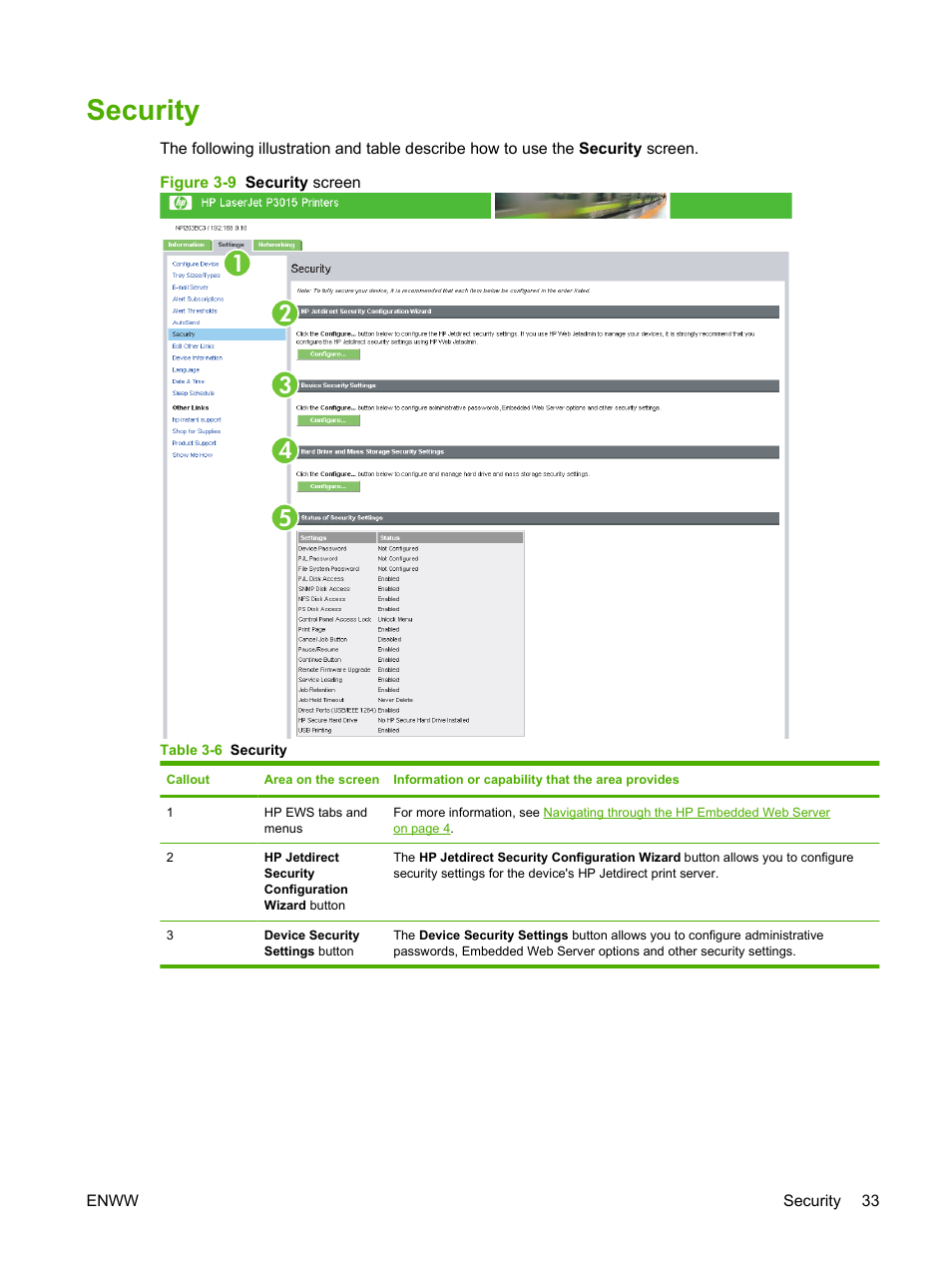 Security, Table 3-6 security, Figure 3-9 security screen | HP Laserjet p3010 User Manual | Page 43 / 74