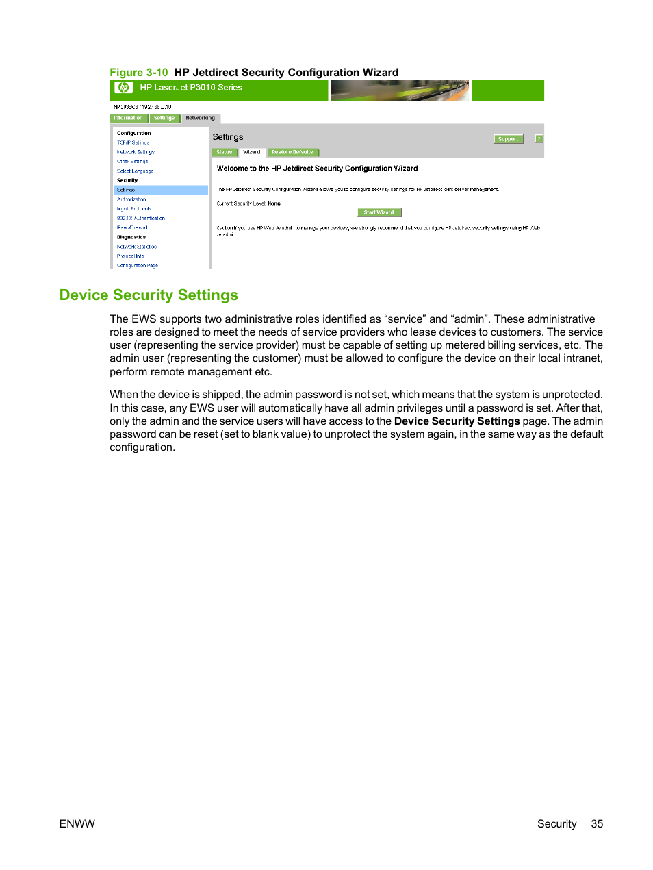 Device security settings | HP Laserjet p3010 User Manual | Page 45 / 74