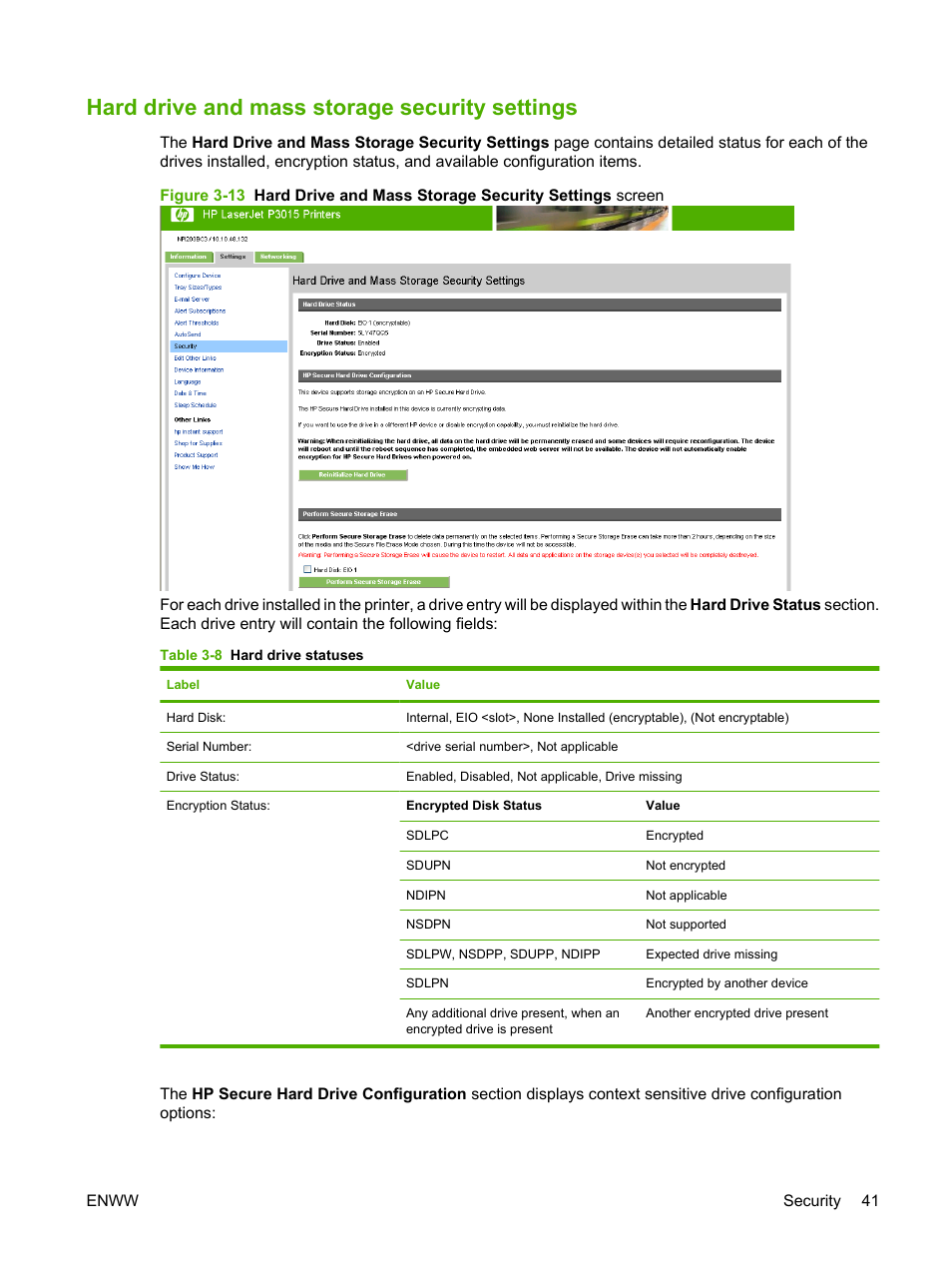 Hard drive and mass storage security settings, Table 3-8 hard drive statuses | HP Laserjet p3010 User Manual | Page 51 / 74