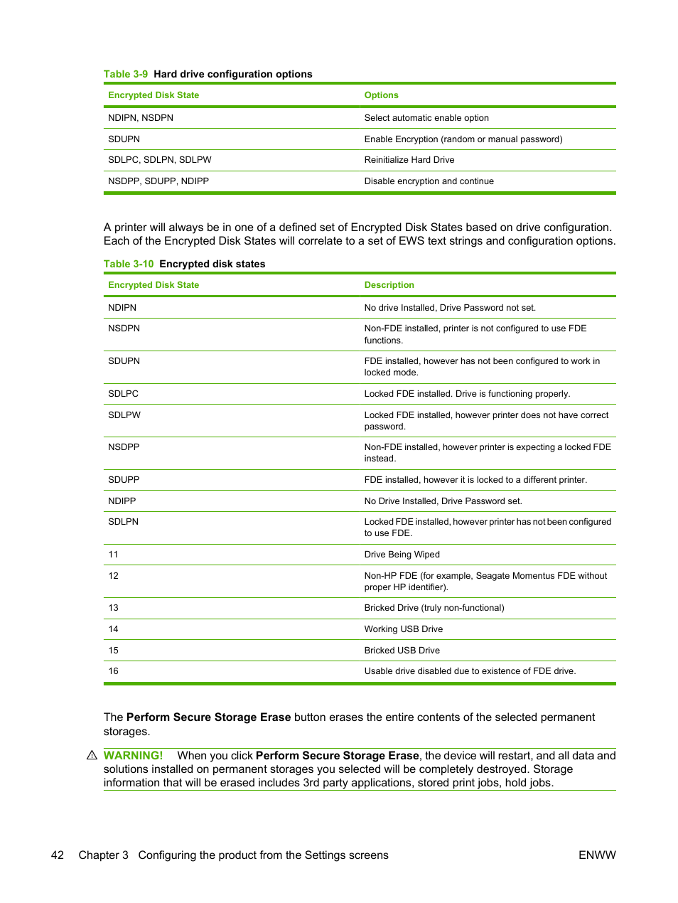 Table 3-9 hard drive configuration options, Table 3-10 encrypted disk states | HP Laserjet p3010 User Manual | Page 52 / 74