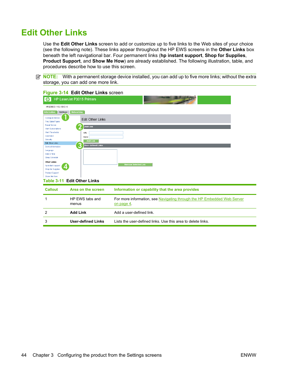 Edit other links, Table 3-11 edit other links, Figure 3-14 edit other links screen | HP Laserjet p3010 User Manual | Page 54 / 74