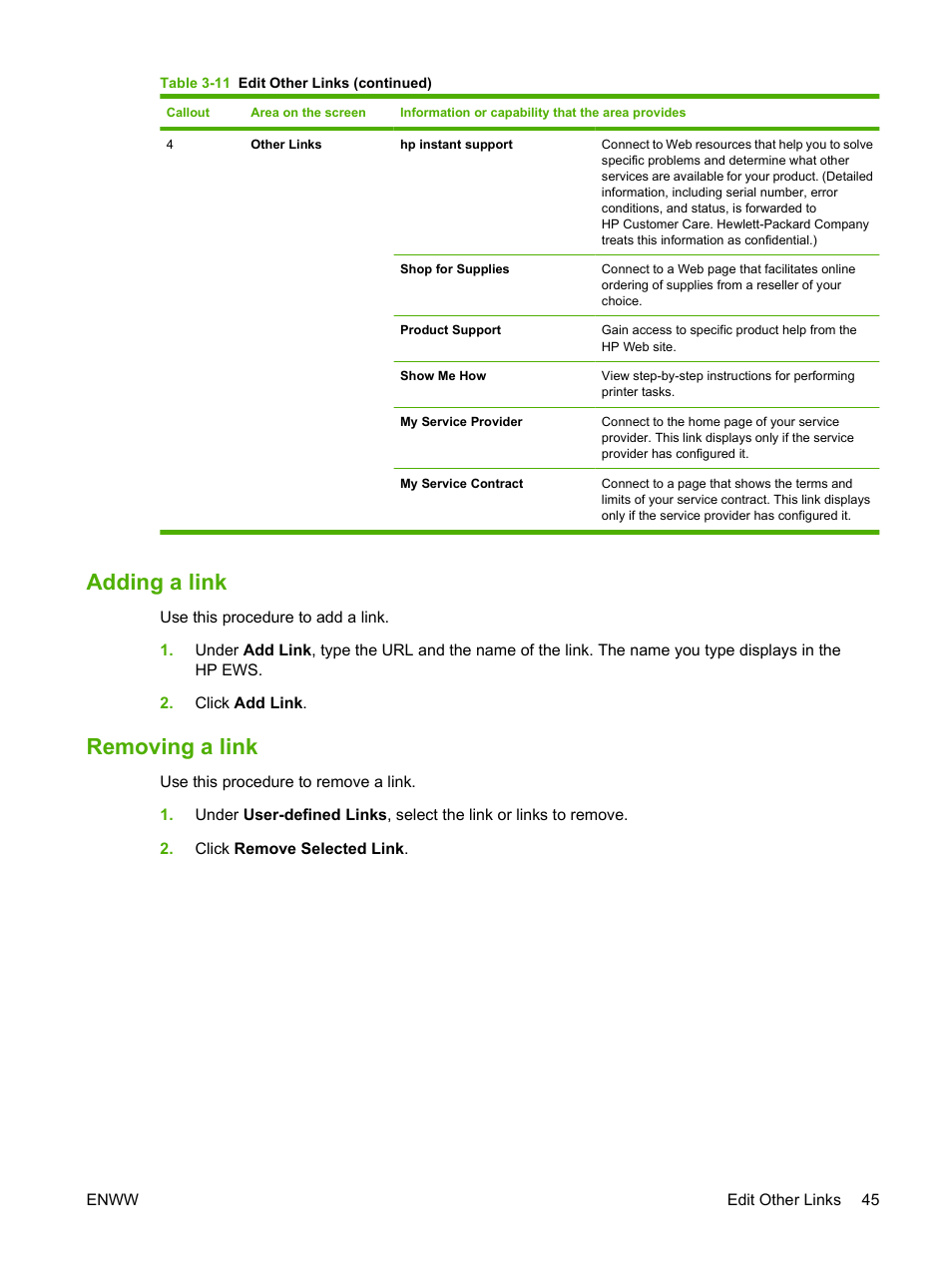 Adding a link, Removing a link, Adding a link removing a link | HP Laserjet p3010 User Manual | Page 55 / 74