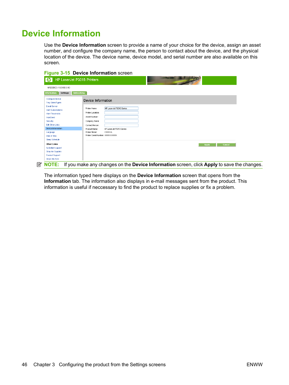 Device information, Figure 3-15 device information screen | HP Laserjet p3010 User Manual | Page 56 / 74
