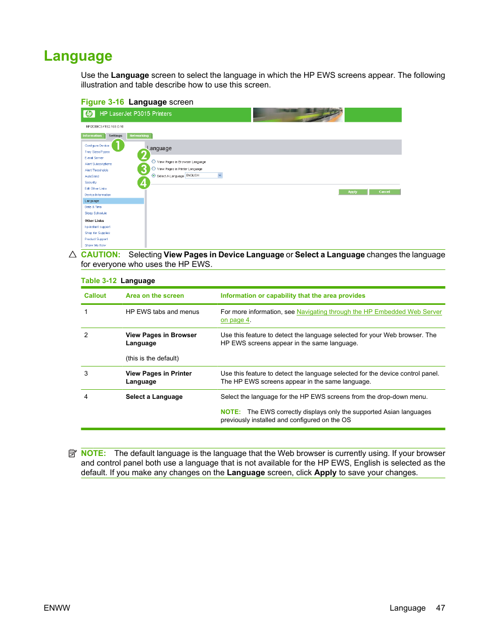Language, Table 3-12 language, Figure 3-16 language screen | HP Laserjet p3010 User Manual | Page 57 / 74