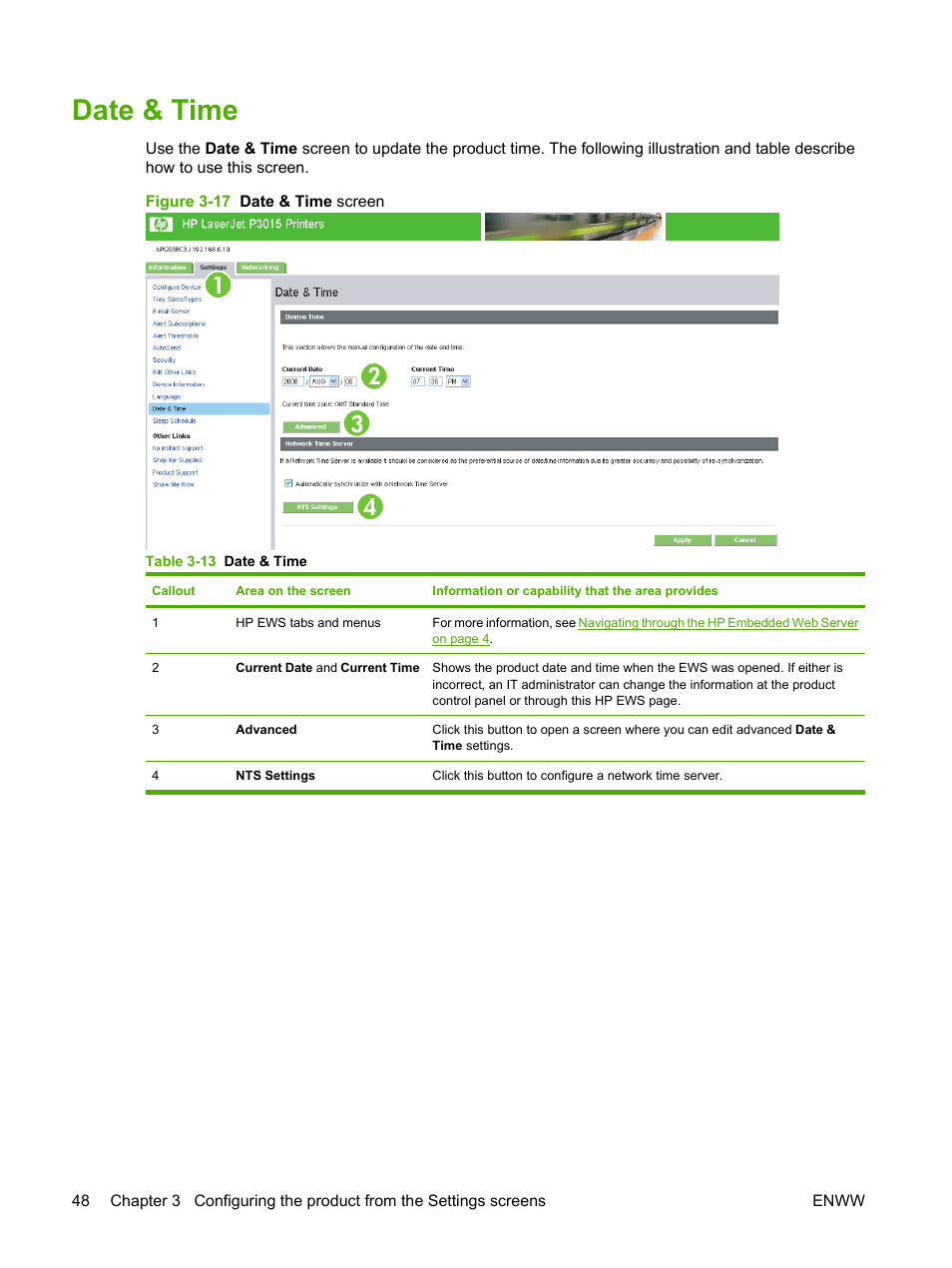 Date & time, Table 3-13 date & time, Figure 3-17 date & time screen | HP Laserjet p3010 User Manual | Page 58 / 74
