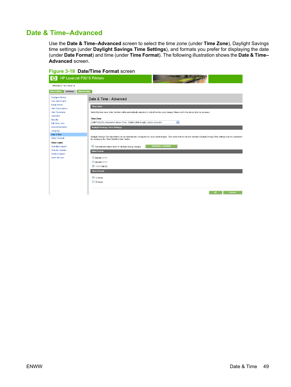 Date & time–advanced, Figure 3-18 date/time format screen | HP Laserjet p3010 User Manual | Page 59 / 74