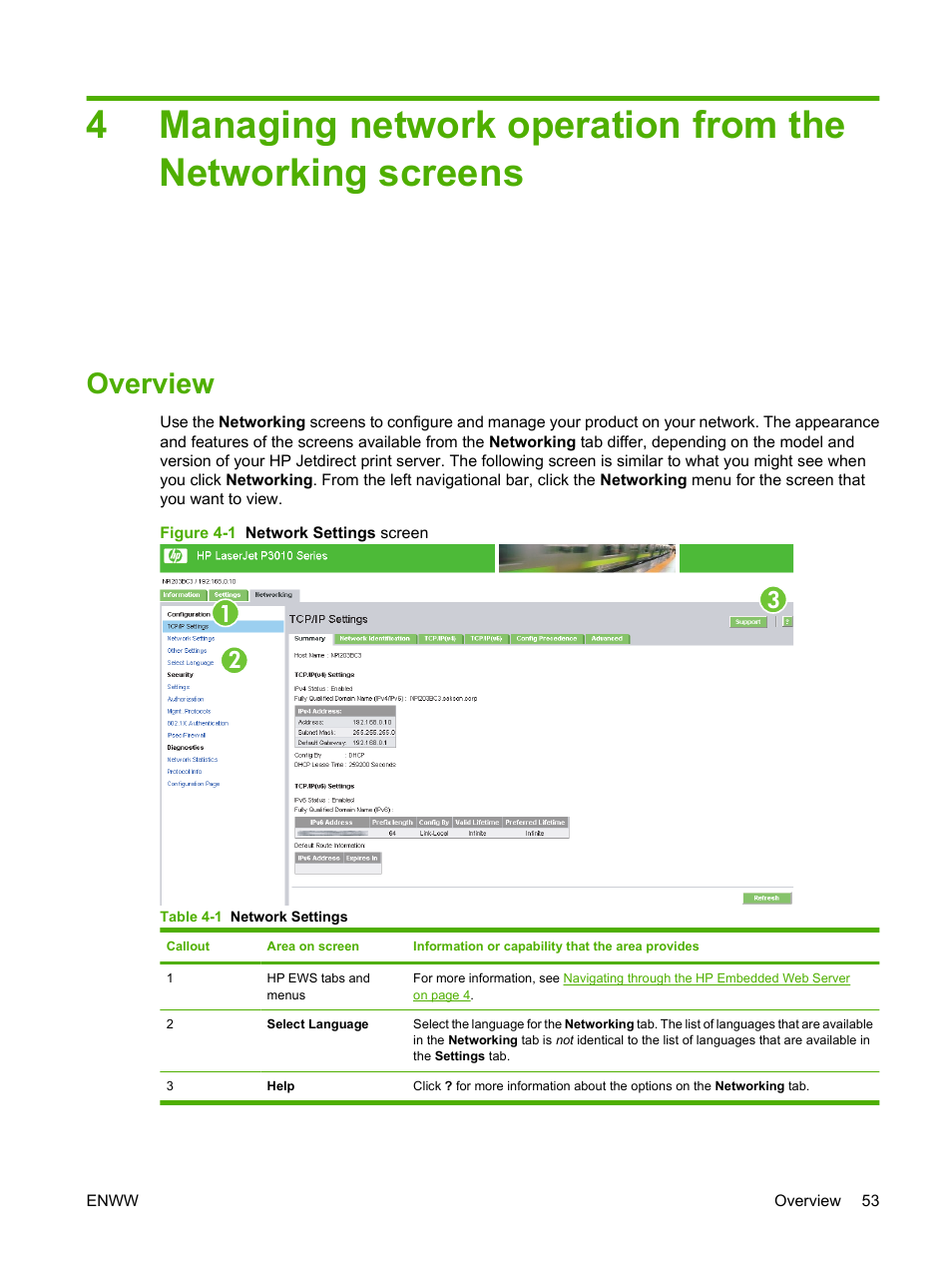 Overview, Table 4-1 network settings, Figure 4-1 network settings screen | Managing network operation | HP Laserjet p3010 User Manual | Page 63 / 74