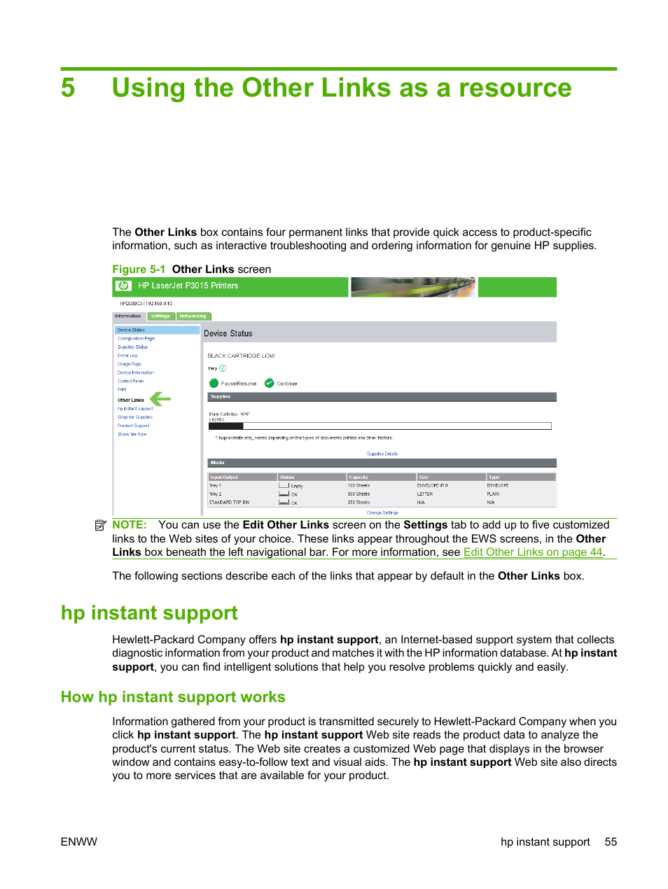 Using the other links as a resource, Hp instant support, How hp instant support works | 5 using the other links as a resource, Figure 5-1 other links screen, Using the other links as a, 5using the other links as a resource | HP Laserjet p3010 User Manual | Page 65 / 74