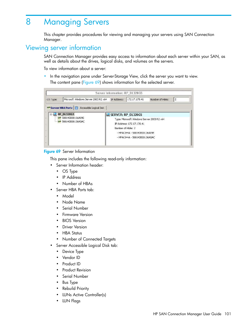 Managing servers, Viewing server information, 8 managing servers | 69 server information, 8managing servers | HP 8.20q Fibre Channel Switch User Manual | Page 101 / 162