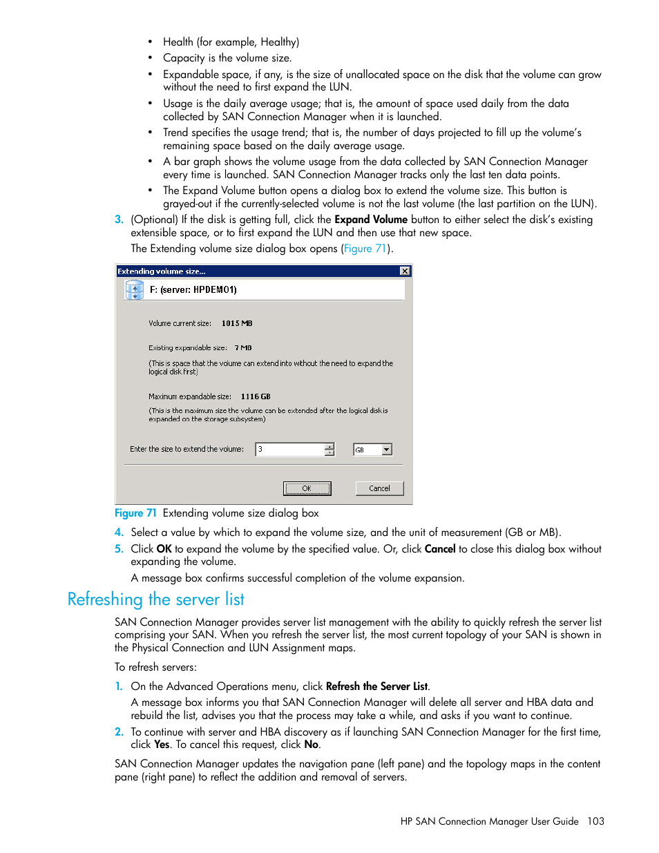 Refreshing the server list, 71 extending volume size dialog box | HP 8.20q Fibre Channel Switch User Manual | Page 103 / 162