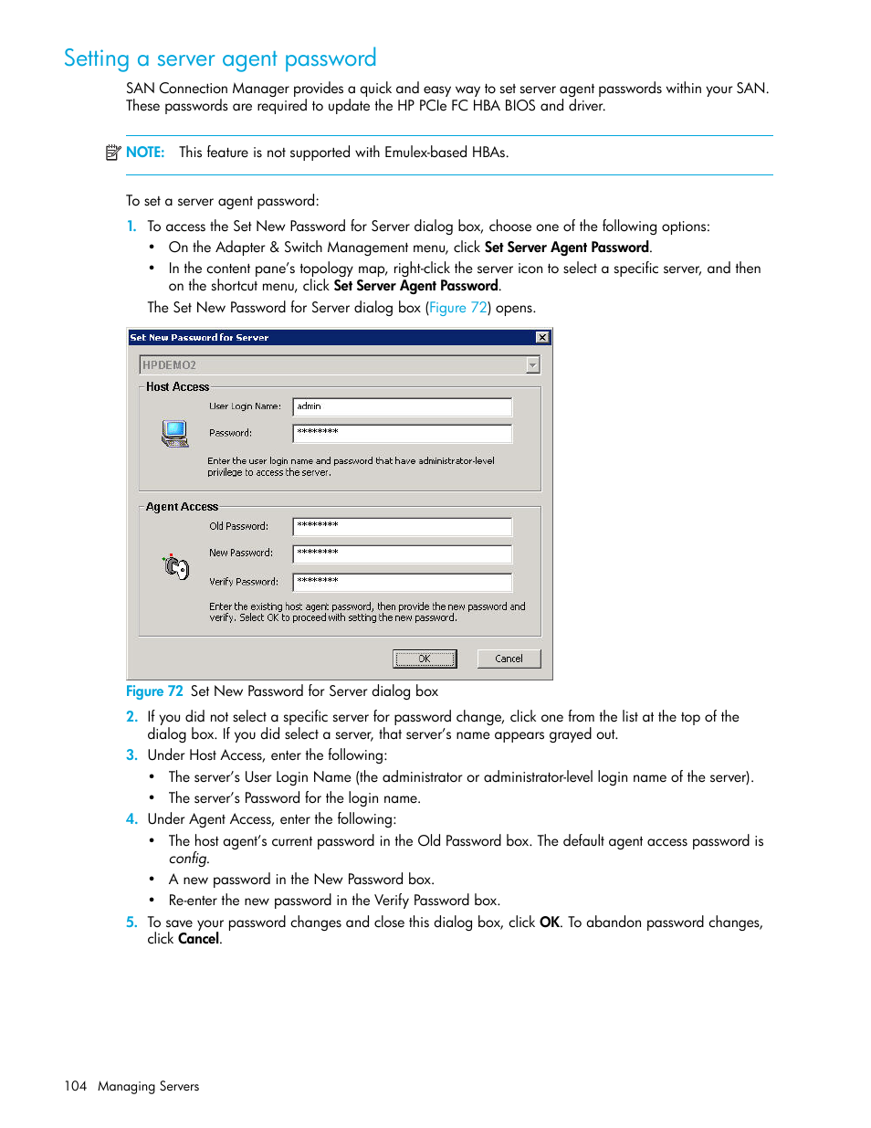 Setting a server agent password, 72 set new password for server dialog box, Setting a server agent | Password | HP 8.20q Fibre Channel Switch User Manual | Page 104 / 162