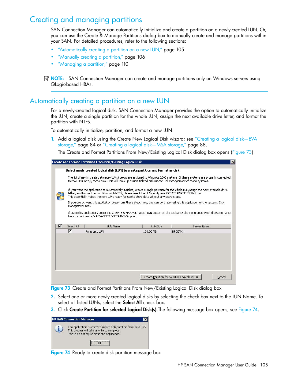 Creating and managing partitions, Automatically creating a partition on a new lun, 74 ready to create disk partition message box | Creating and managing, Partitions | HP 8.20q Fibre Channel Switch User Manual | Page 105 / 162