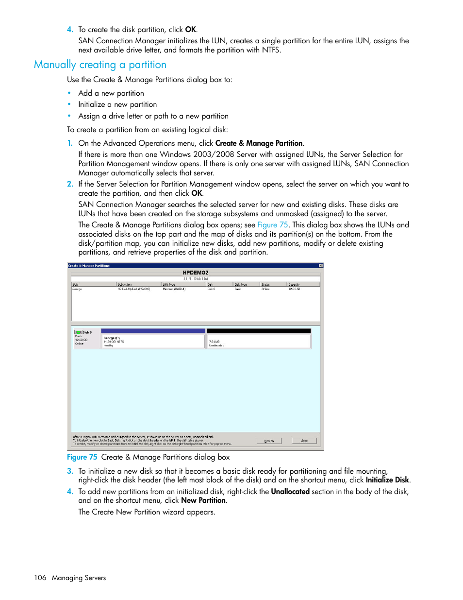 Manually creating a partition, 75 create & manage partitions dialog box | HP 8.20q Fibre Channel Switch User Manual | Page 106 / 162