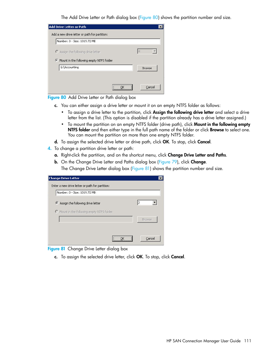 80 add drive letter or path dialog box, 81 change drive letter dialog box | HP 8.20q Fibre Channel Switch User Manual | Page 111 / 162