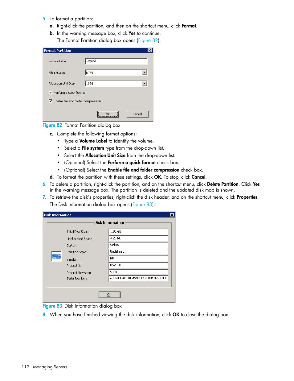 82 format partition dialog box, 83 disk information dialog box | HP 8.20q Fibre Channel Switch User Manual | Page 112 / 162