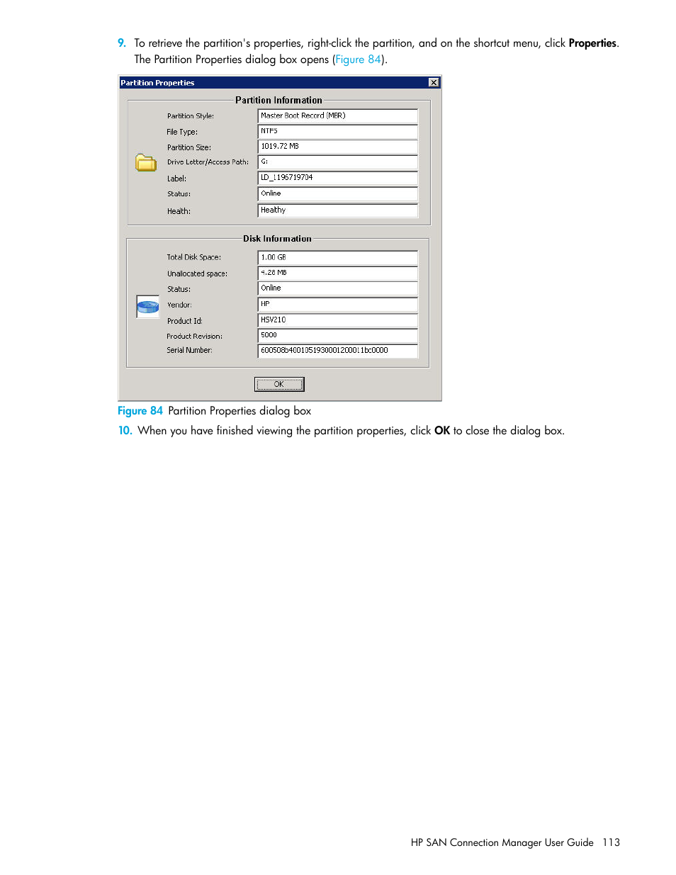 84 partition properties dialog box | HP 8.20q Fibre Channel Switch User Manual | Page 113 / 162