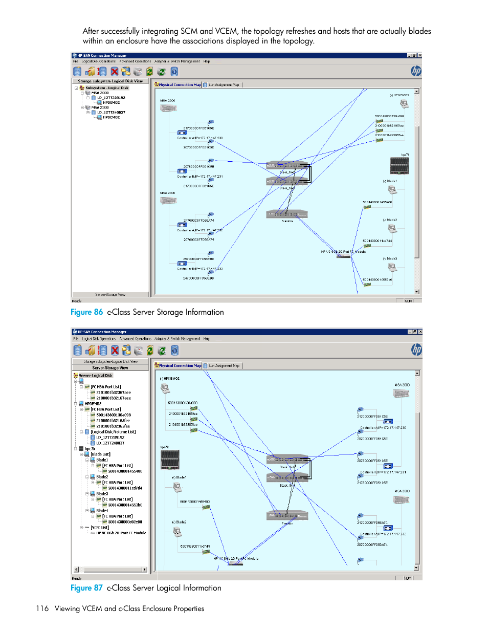 86 c-class server storage information, 87 c-class server logical information | HP 8.20q Fibre Channel Switch User Manual | Page 116 / 162